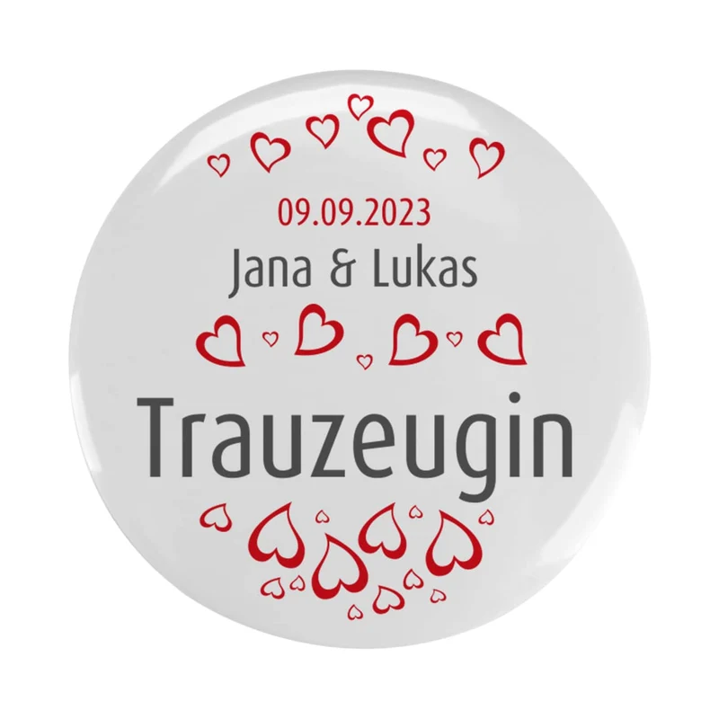 Gäste - Button zur Hochzeit mit Herzen, Namen und Datum, 56 mm