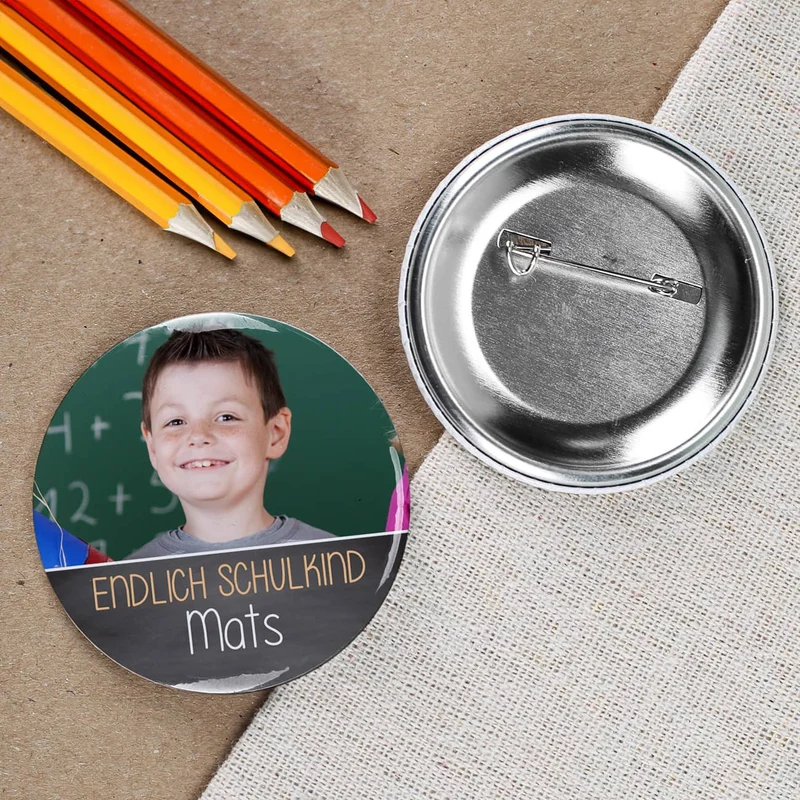 Endlich Schulkind - Button mit Fotoaufdruck