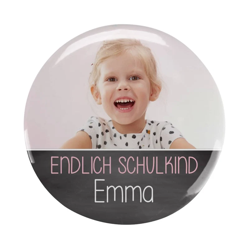 Endlich Schulkind - Button mit Fotoaufdruck