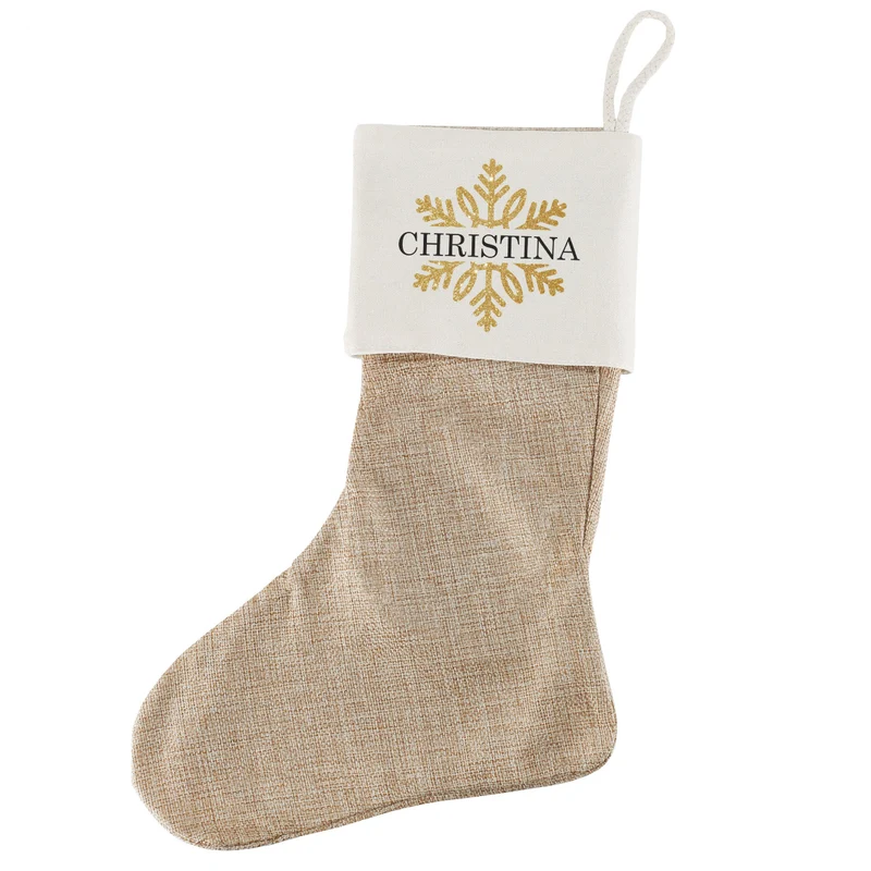 Weihnachtssocke mit goldenem Schneeflockenmotiv und Name bedruckt