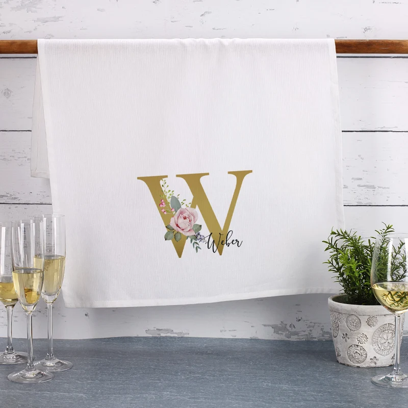 Geschirrtuch mit Rosen-Monogramm und Name