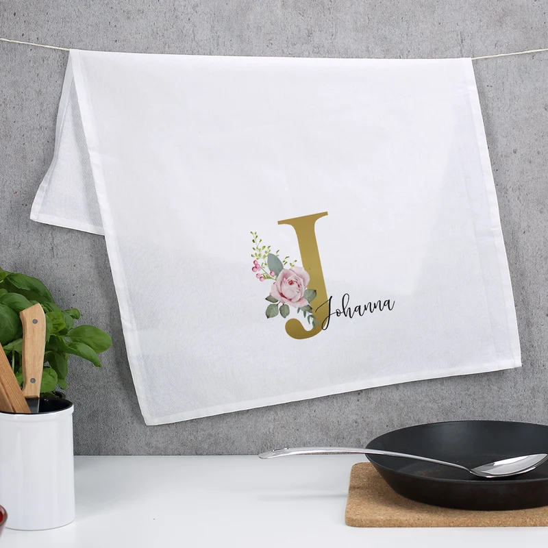 Geschirrtuch mit Rosen-Monogramm und Name