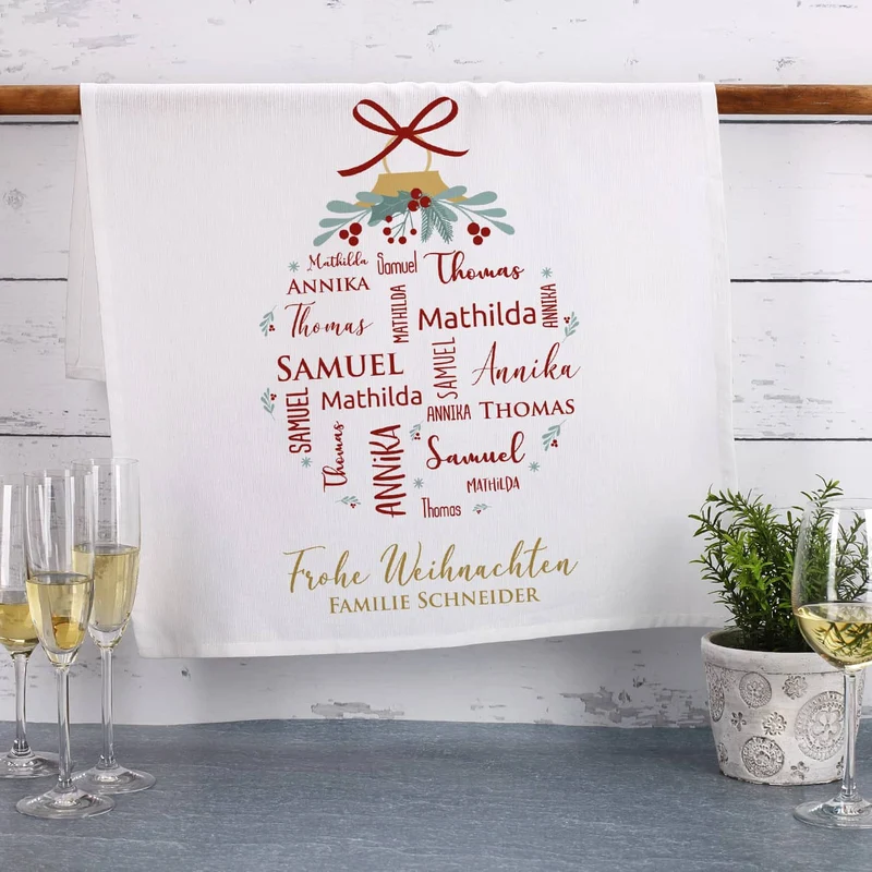 Weihnachts-Geschirrtuch mit bis zu vier Namen und Wunschtext bedruckt