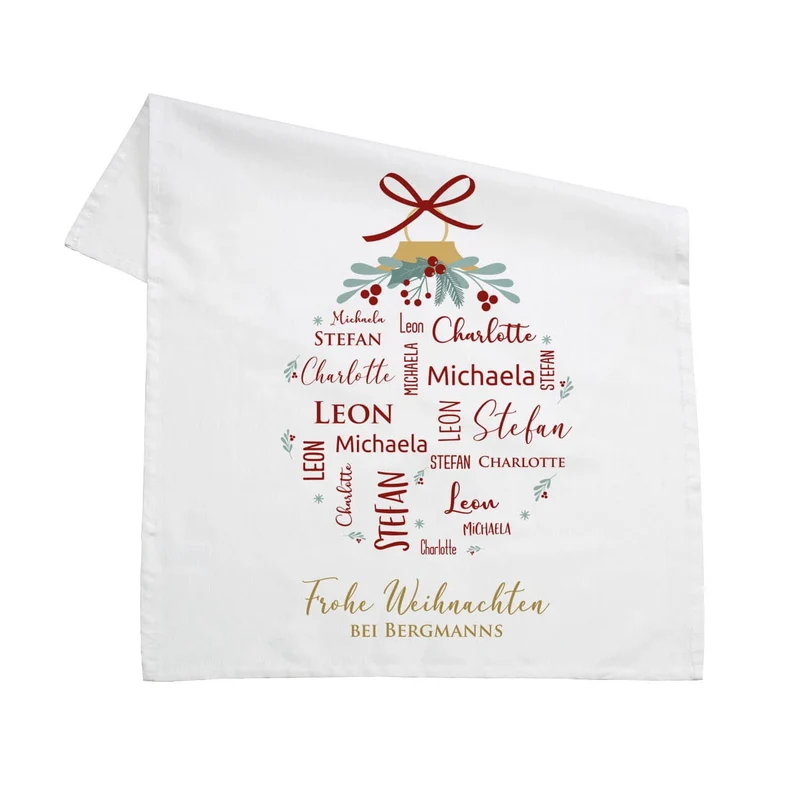 Weihnachts-Geschirrtuch mit bis zu vier Namen und Wunschtext bedruckt
