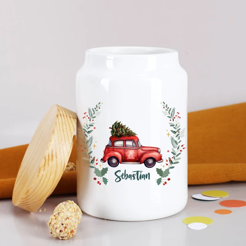 Keramikdose mit weihnachtlichem Motiv und Wunschname