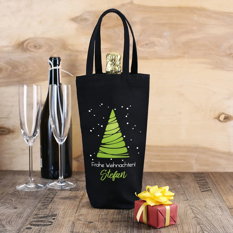 Flaschentasche mit Weihnachtsbaummotiv und Ihrem Wunschnamen bedruckt