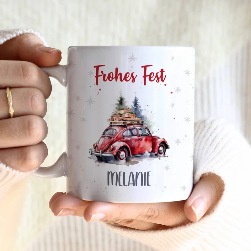 Weihnachts-Tasse mit Ihrem Text & Santa's Fuhrpark