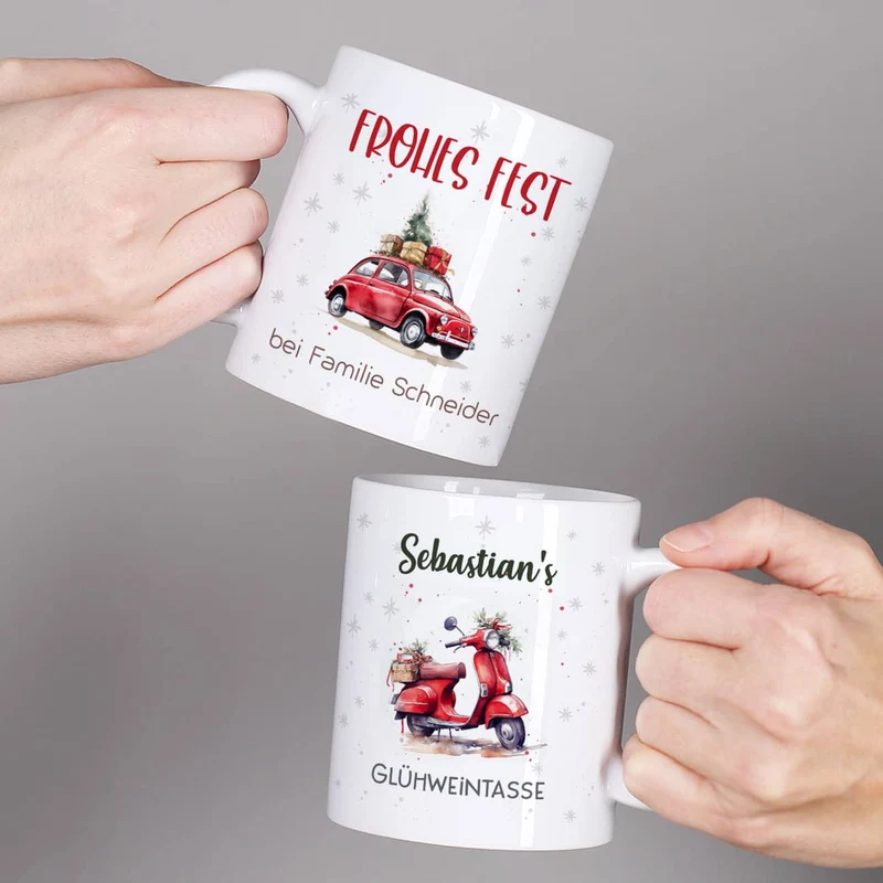 Weihnachts-Tasse mit Ihrem Text & Santa's Fuhrpark
