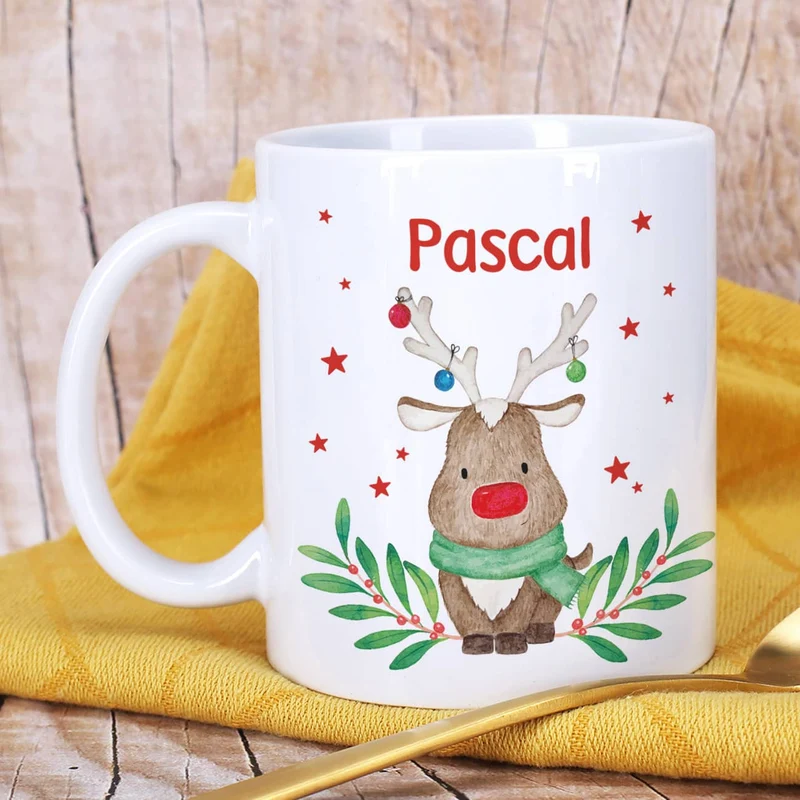 Weihnachtstasse mit Rentiermotiv und Name
