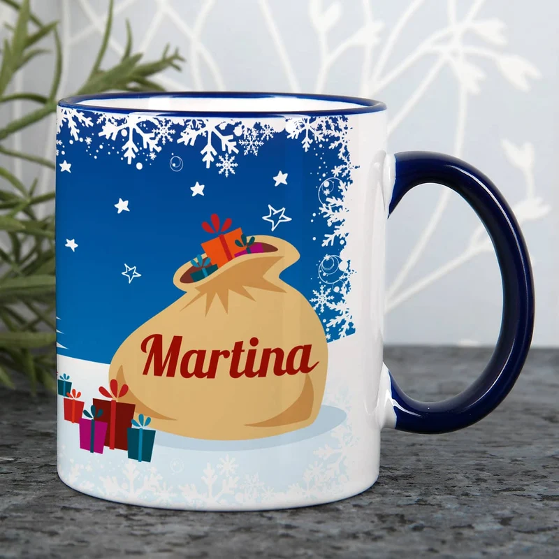 Personalisierte Weihnachtstasse mit Namen in Blau