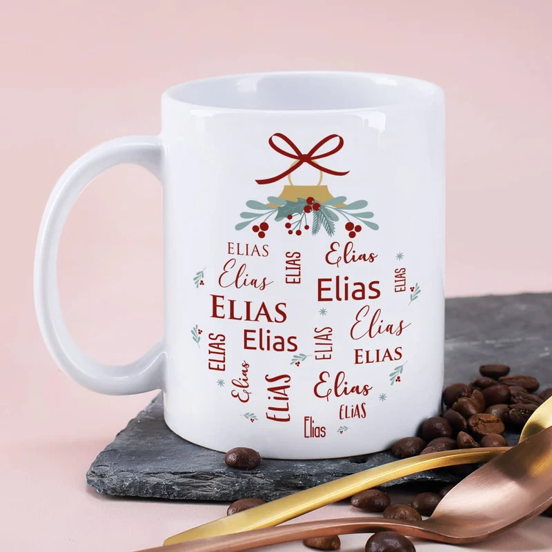 Weihnachts-Tasse mit Ihrem Namen in verschiedenen Schriftarten