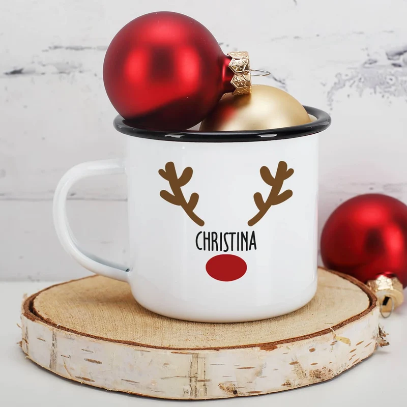 Weihnachtstasse mit Rentiernase, Geweih und Ihrem Wunschnamen