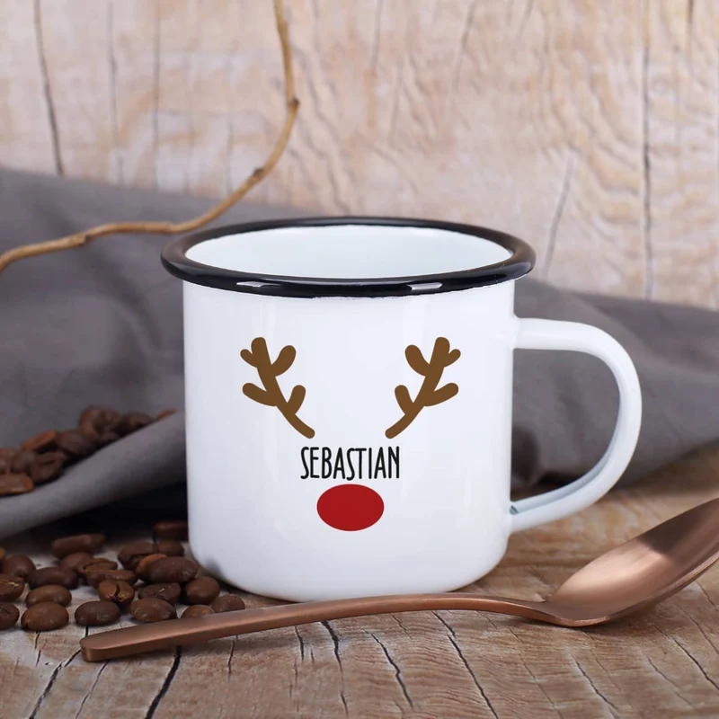 Weihnachtstasse mit Rentiernase, Geweih und Ihrem Wunschnamen