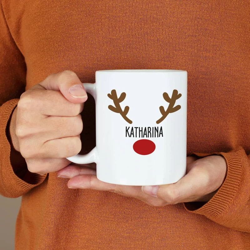 Weihnachtstasse mit Rentiernase, Geweih und Ihrem Wunschnamen