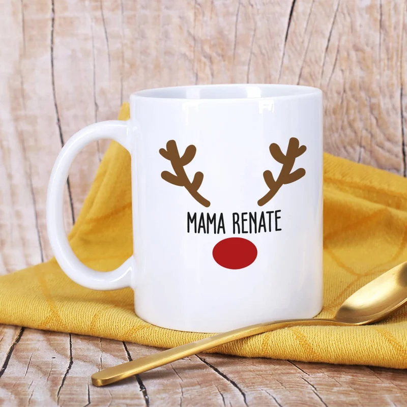 Weihnachtstasse mit Rentiernase, Geweih und Ihrem Wunschnamen