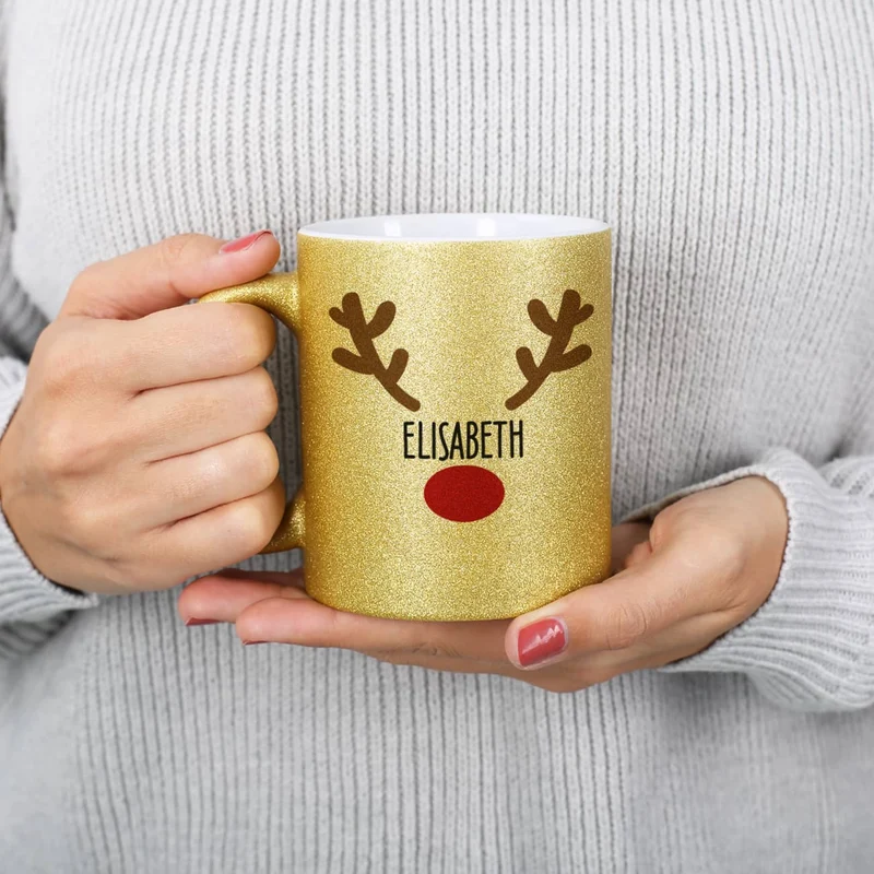Weihnachtstasse mit Rentiernase, Geweih und Ihrem Wunschnamen