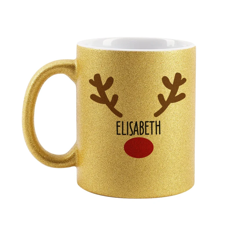 Weihnachtstasse mit Rentiernase, Geweih und Ihrem Wunschnamen