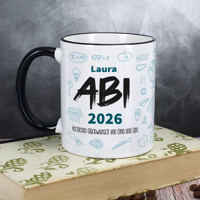 Abi Tasse mit Name, Jahr und Wunschtext - Geschenk zum Abitur