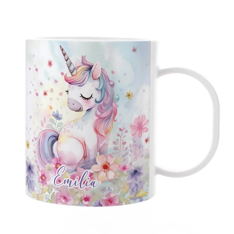 Kunststofftasse mit Einhornmotiv und Wunschname bedruckt