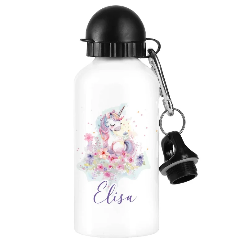 Trinkflasche aus Aluminium mit Einhorn-Motiv im Watercolorstil, Blüten und Name