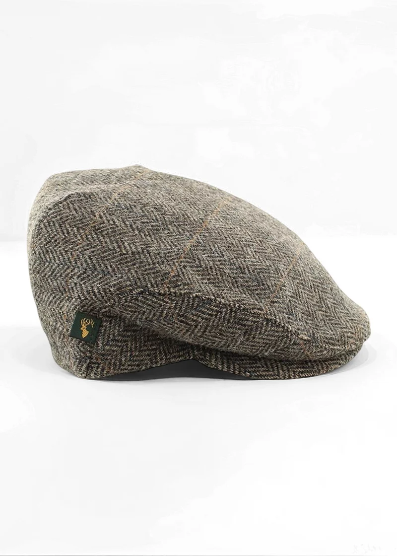 Mucros Trinity Cap | Grey Herringbone Wool Flat Cap