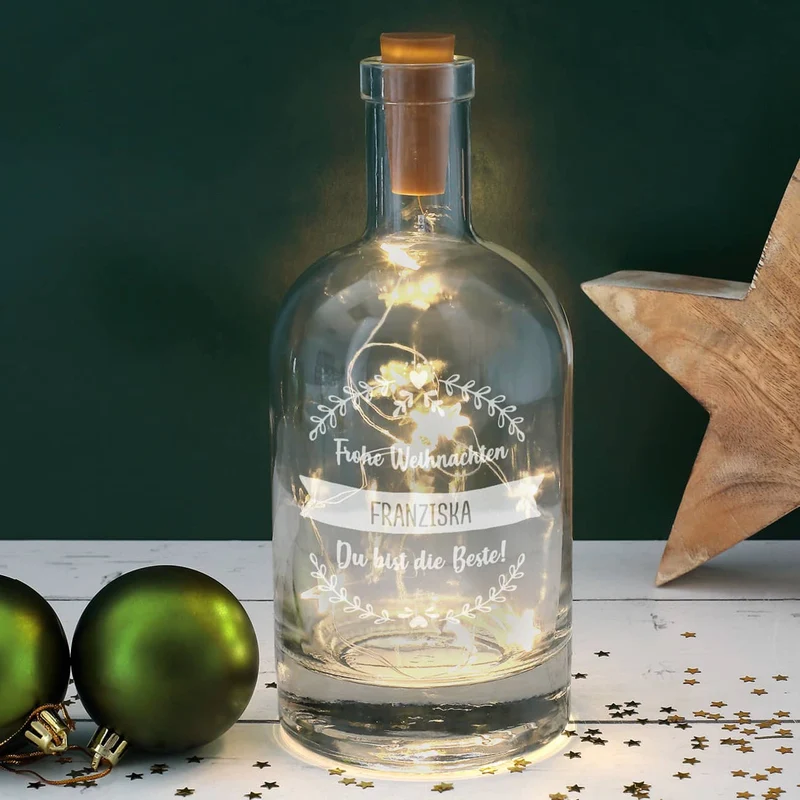 Beleuchtete Flasche mit 3 Zeilen Wunschtext graviert