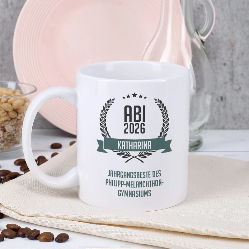 Glückwunsch-Tasse zum Abitur mit Name und Wunschtext