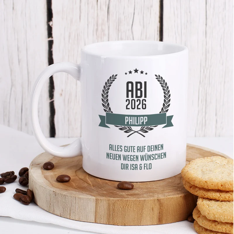 Glückwunsch-Tasse zum Abitur mit Name und Wunschtext