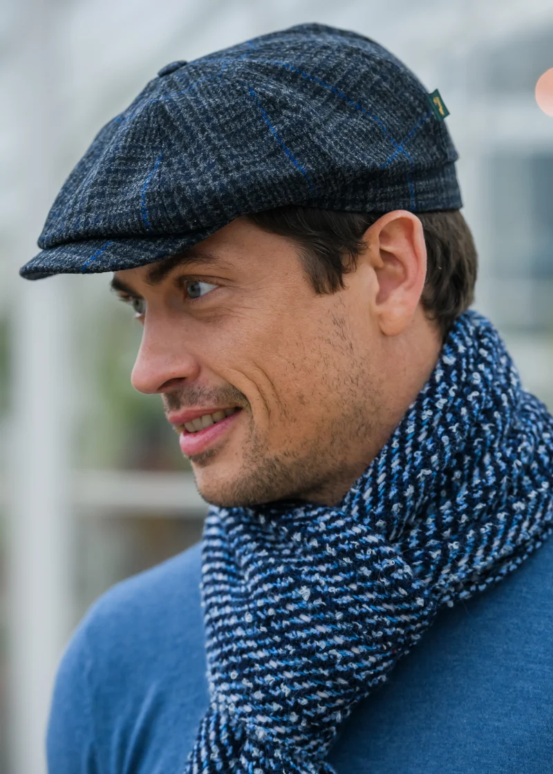 Mucros Driving Cap | Premium Charcoal Blue Check Wool Flat Cap
