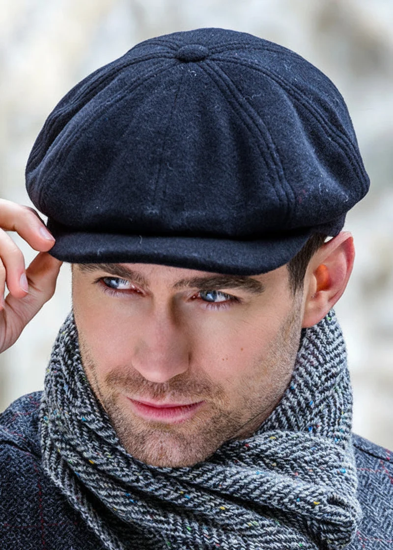 Mucros Premium Wool Driving Cap | Classic 8-Piece Black Flat Cap