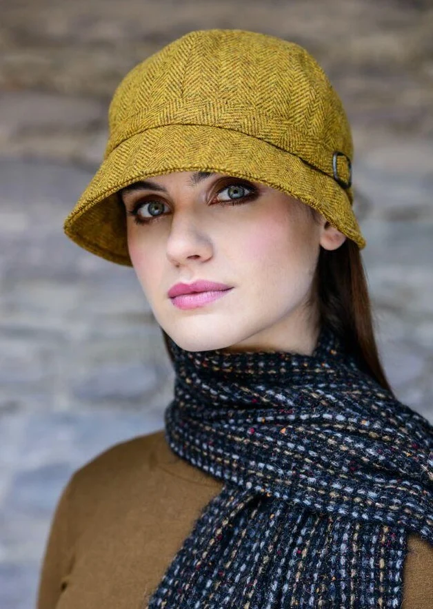 Ladies Mucros Mustard Flapper Cap - 100% Wool Irish Tweed