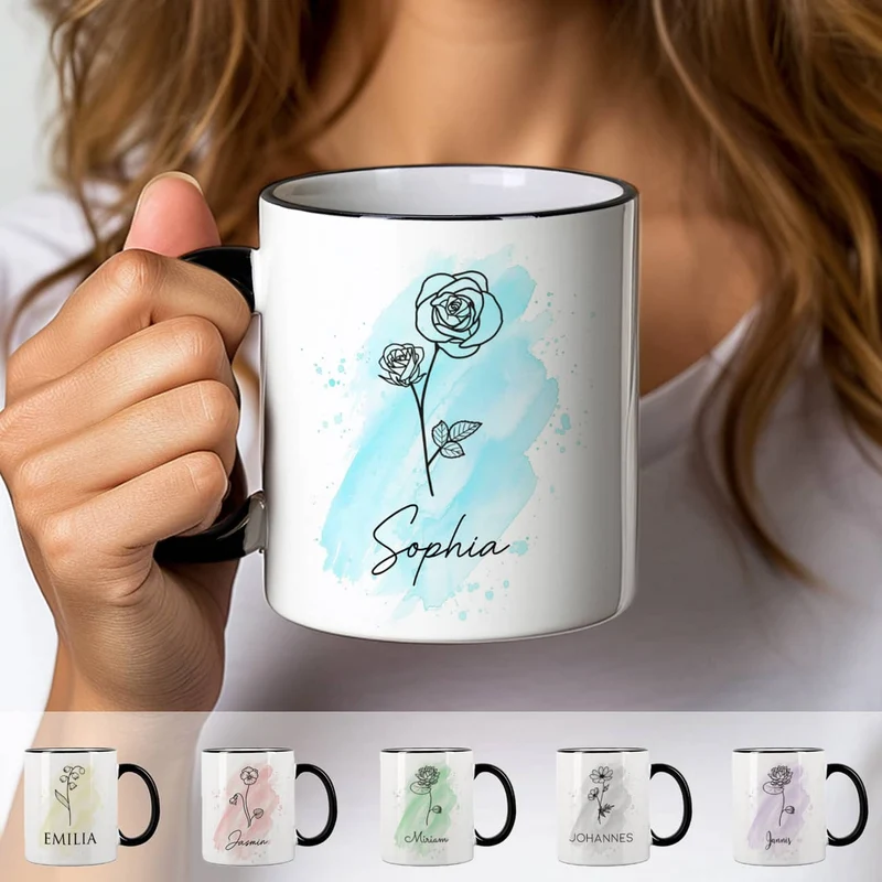 Geburtsblumen-Tasse mit Name persönlich bedruckt