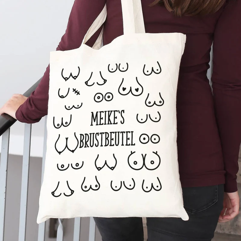 Jutebeutel mit Busenmotiv und Wunschtext