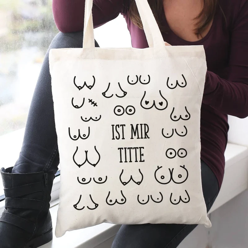 Jutebeutel mit Busenmotiv und Wunschtext