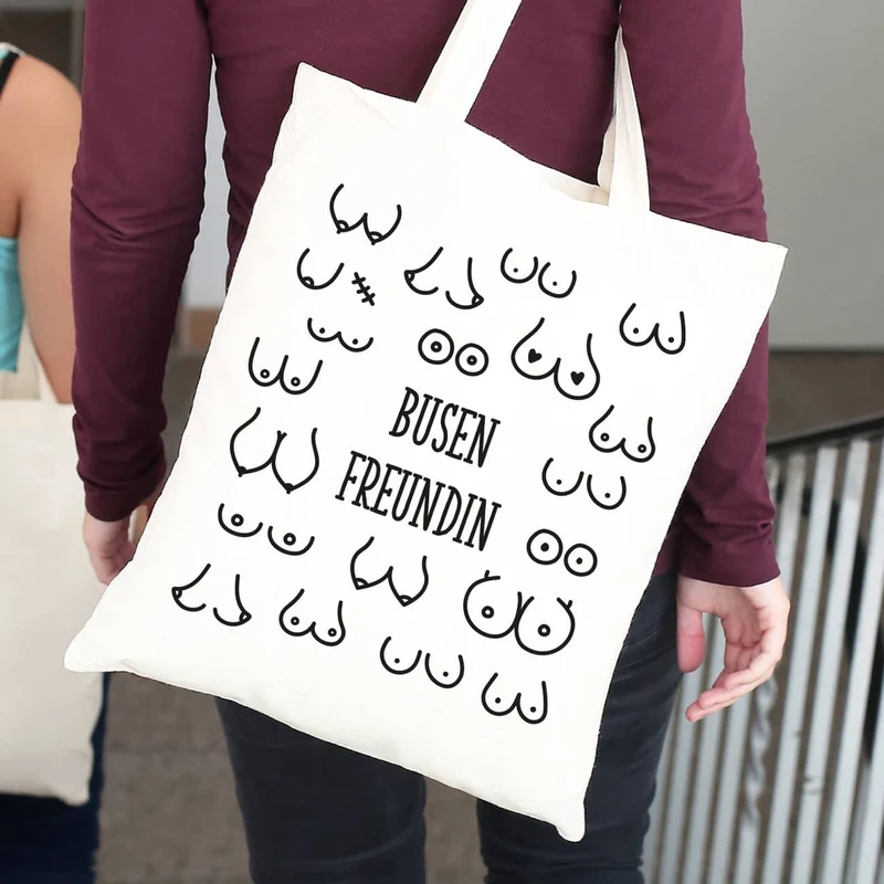 Jutebeutel mit Busenmotiv und Wunschtext