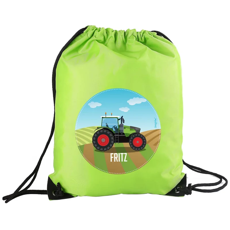 Grüner Sportbeutel mit Traktor und Name
