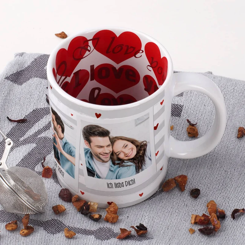 Fototasse zum Valentinstag mit 3 Fotos, Wunschtexten und Herzen
