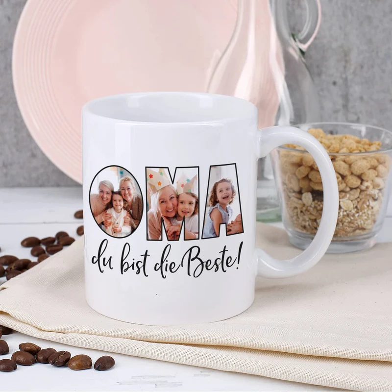 Fototasse - Oma du bist die Beste - mit 3 Bildern bedruckt