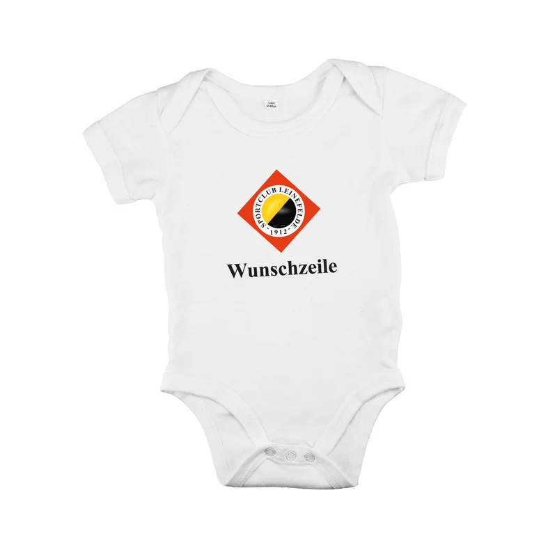 weißer Babybody mit SC Leinefelde Logo und Wunschzeile