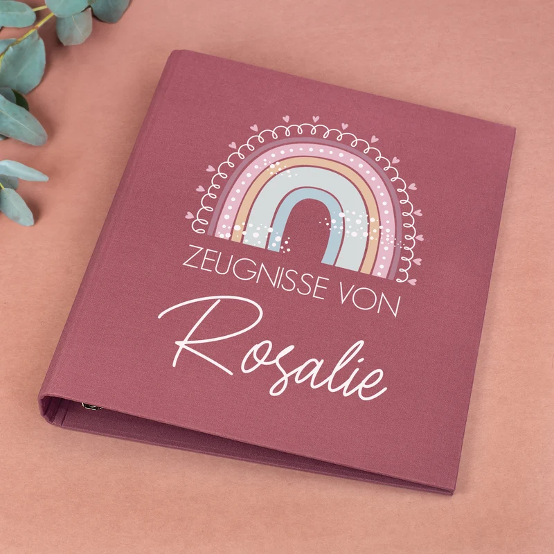 Personalisierte Zeugnismappe aus Leinen mit Name und Regenbogenmotiv | Farbauswahl