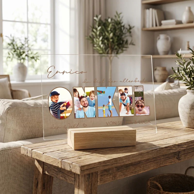 Personalisiertes Acrylglas mit 5 Fotos, Name & Text | Geschenk für den besten Onkel