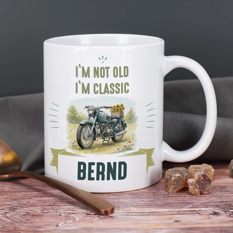 Tasse mit Oldtimer Motorrad Motiv, personalisiert mit Name und Wunschtext | Geschenk für Biker