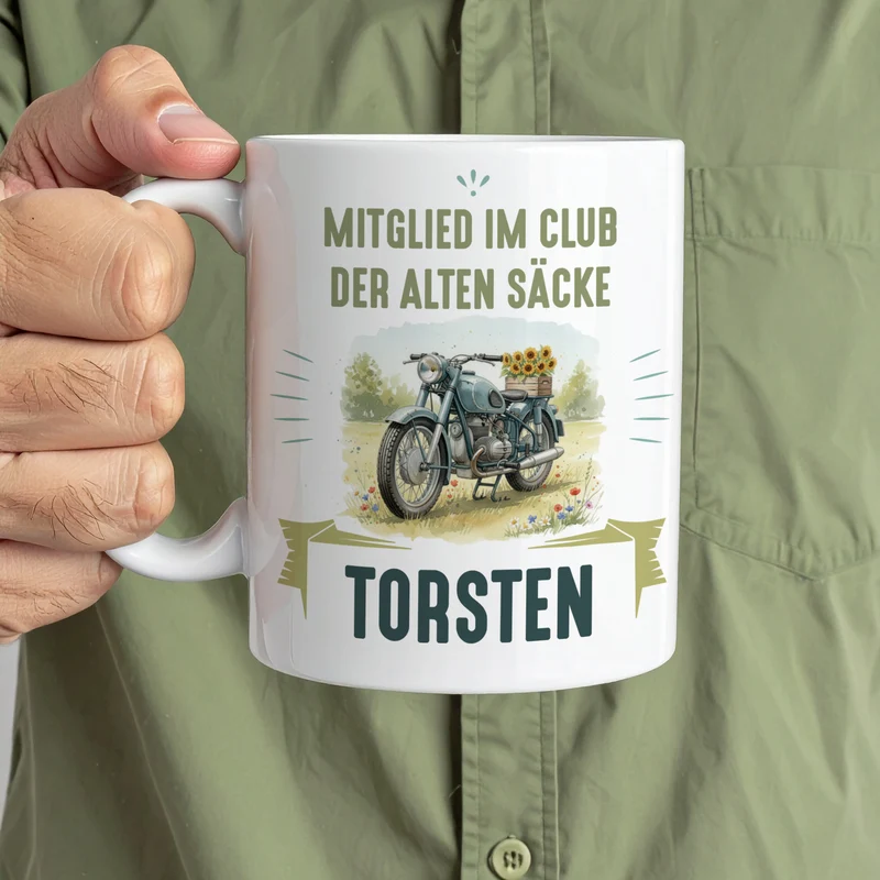 Tasse mit Oldtimer Motorrad Motiv, personalisiert mit Name und Wunschtext | Geschenk für Biker