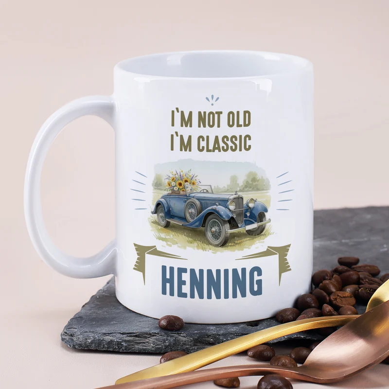 Personalisierte Tasse mit Oldtimer Motiv aus Keramik | Geschenk zum Geburtstag & Vatertag
