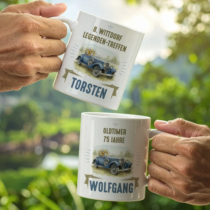 Personalisierte Tasse mit Oldtimer Motiv aus Keramik | Geschenk zum Geburtstag & Vatertag