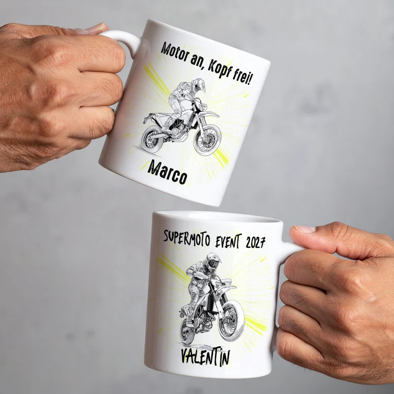 Personalisierte Tasse mit Supermoto-Motiven, Name und Wunschtext, Geschenk für Motorradfahrer