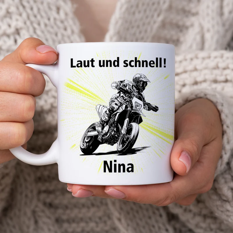 Personalisierte Tasse mit Supermoto-Motiven, Name und Wunschtext, Geschenk für Motorradfahrer