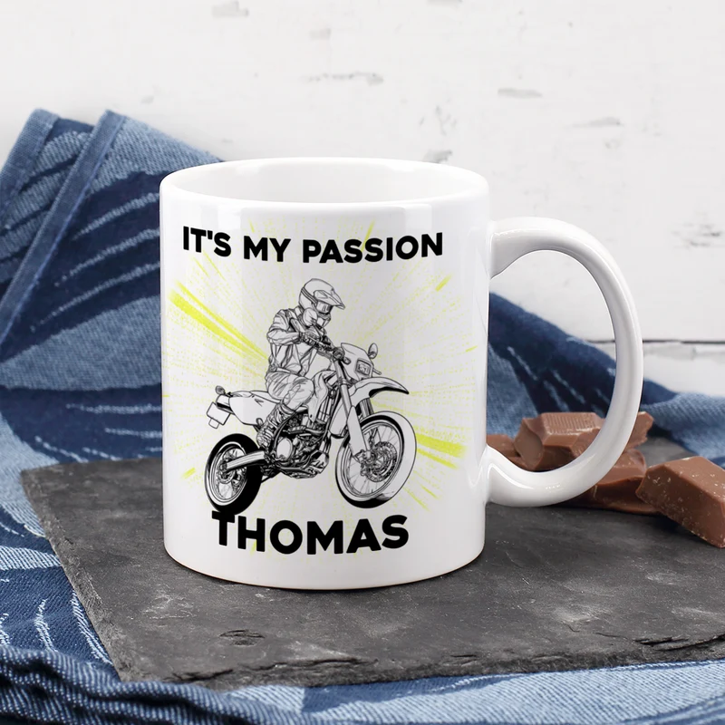 Personalisierte Tasse mit Supermoto-Motiven, Name und Wunschtext, Geschenk für Motorradfahrer