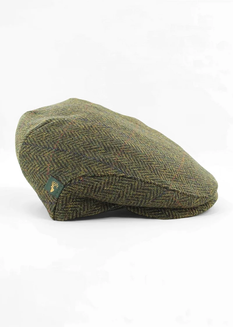 Mucros Trinity Cap | Green Herringbone Wool Flat Cap
