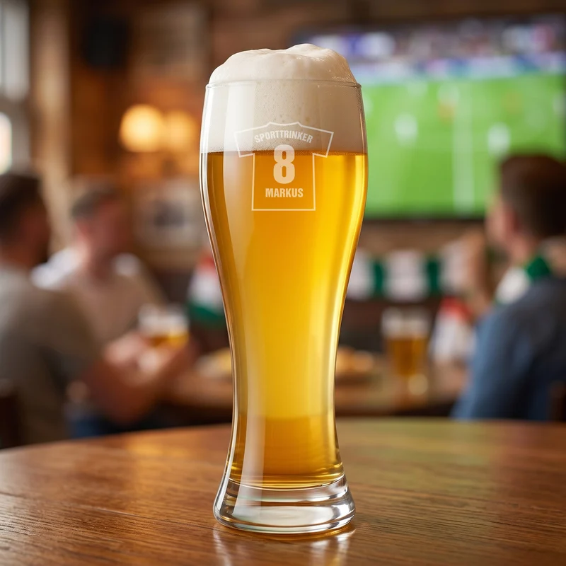 Graviertes Weizenglas für Fußballer mit Wunschtext, Zahl und Namen in zwei Größen